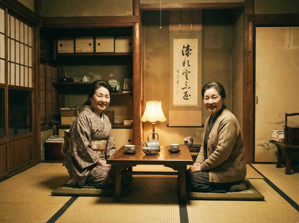 两位优雅的 唐三200级的样子 在日式茶室中品茶交谈